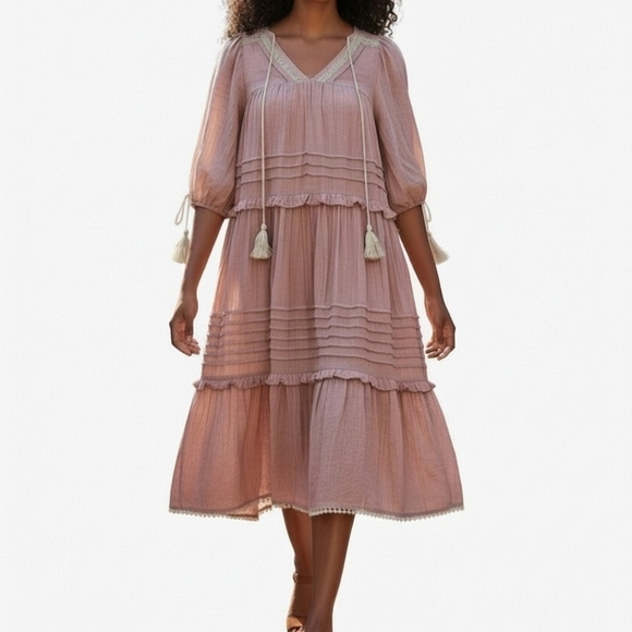 Listicle Dresses & Skirts - Listicle Tassel Tie Tiered Midi Flowy Boho Cotton Pink Dress  Women Size Small